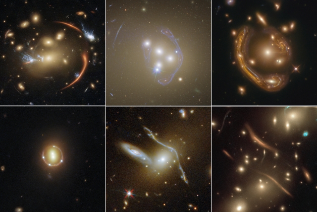 Przykłady silnych soczewek grawitacyjnych sfotografowanych przez teleskop Hubble'a. W lewym dolnym roku wyraźny pierścień Einsteina. (Źródła: Hubble/NASA/ESA)